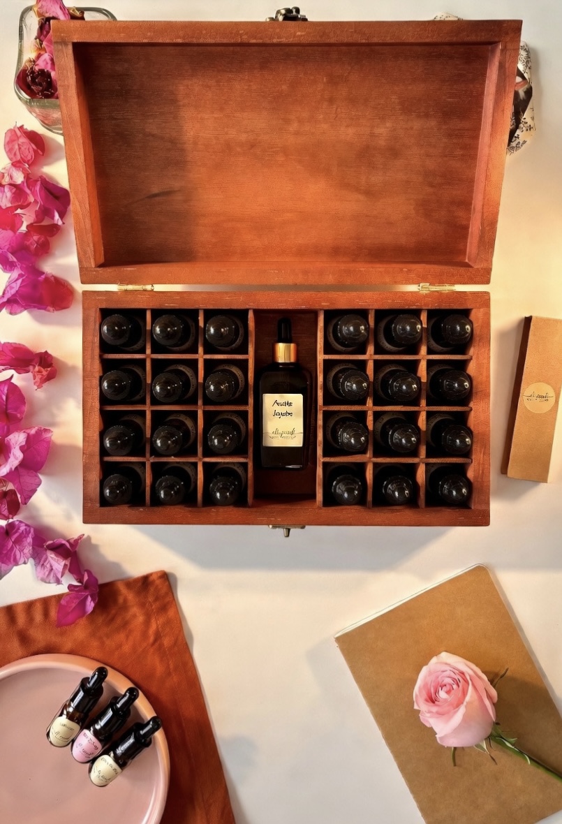 Cofre Elipink abierto con aceite de jojoba, bougainvillea y rosa