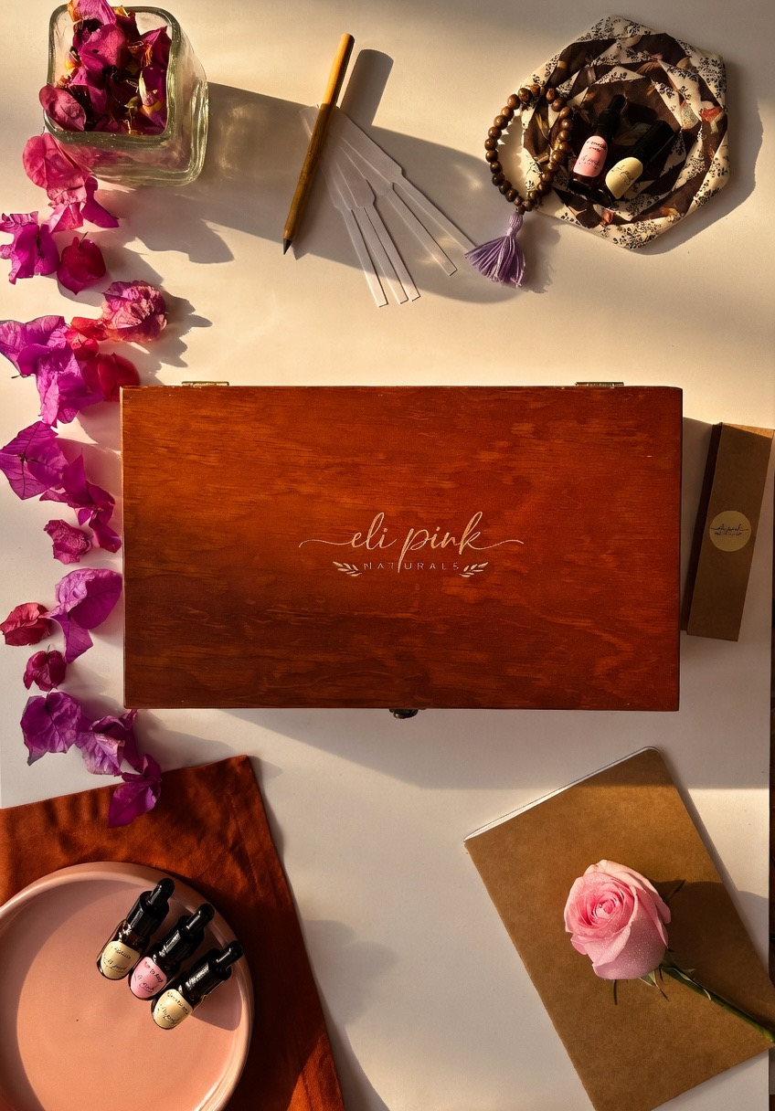 Cofre de perfumería natural Elipink en caja vertical con bougainvillea