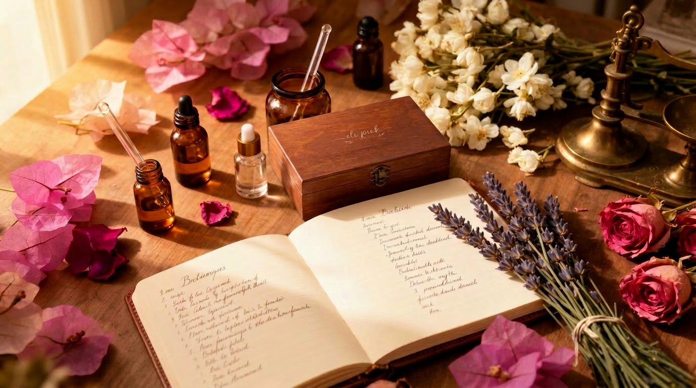 Boticario de perfumería natural con bougainvillea y aceites esenciales